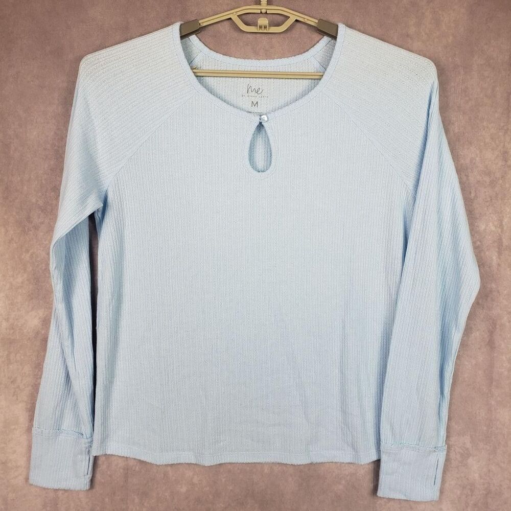 Me By Jennie Garth Shirt Womens Medium Blue Ribbed Keyhole Long Sleeve Top Soft